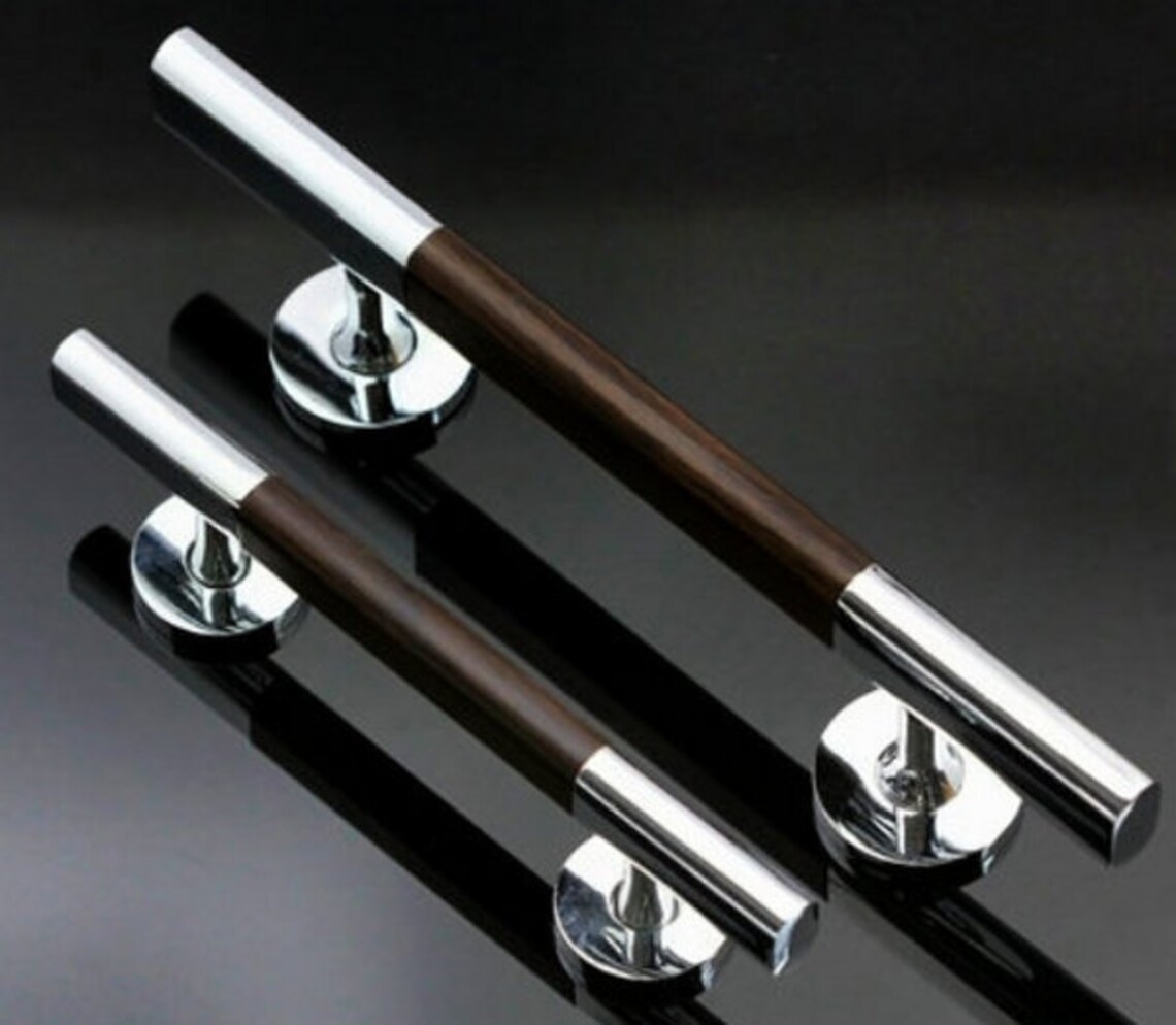 Modern Handle Door Handles Shiny Silver Chrome Wood Look Etsy