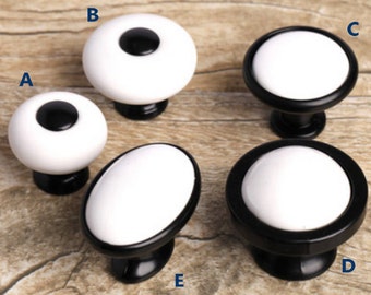 Dresser Knobs Drawer Knob Pulls Handles / Black White Ceramic Cabinet Knobs / Door Knob Vintage Furniture Hardware Retro Porcelain Handles