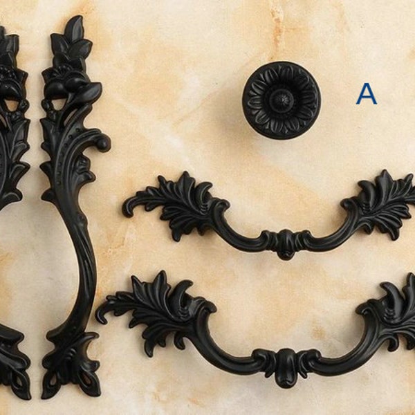 Black Cabinet Door Handle Pulls Drawer Pull Handles Dresser Pulls Kitchen Hardware Retro Ornate French Provincial Vertical ARoseRambling