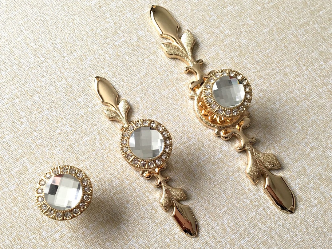 Gold Crystal Knob Rhinestone Knobs Glass Dresser Knob Drawer Knobs Pull