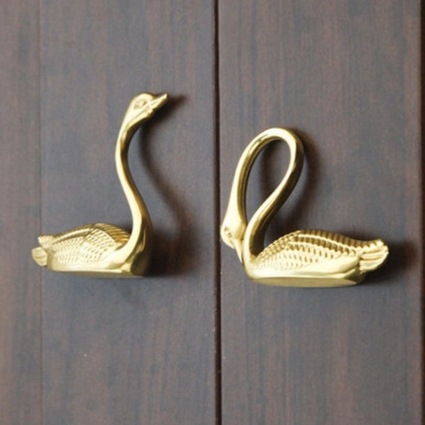 Elegant Swan Brass Drawer Knobs Gold Knobs Pairs Artsy Kitchen Cabinet Pulls Decorative Door Handles Unique Mid Century Hardware