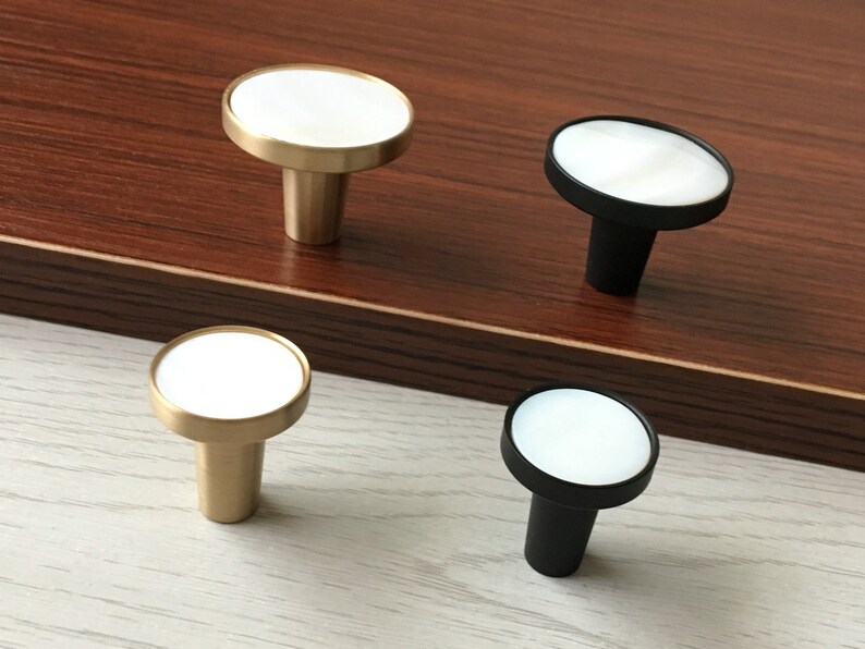 Brushed Brass Knobs Black Knob Drawer Knobs Shell Dresser Etsy