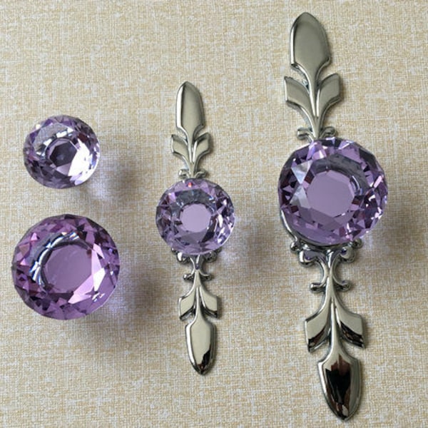 Lavanda Crystal Knob Purple Rhinestone Dresser Knobs Glass Drawer Knob Pulls Handles Silver Kitchen Cabinet Knobs Door Knob Bling Back Plate