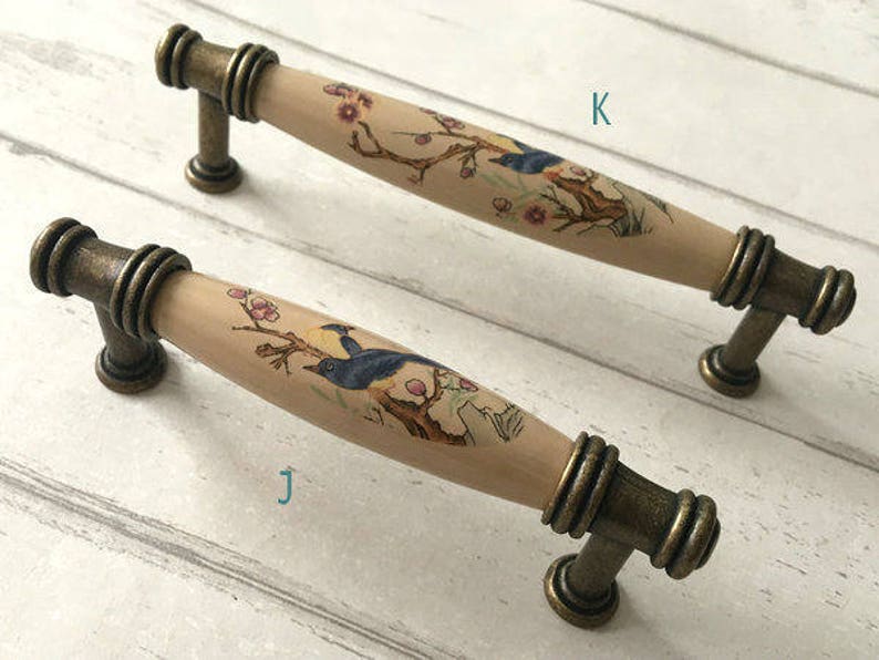 3 3.75 5 Drawer Knob Pull Handles Dresser Knobs Pulls Flower Bird Kitchen Cabinet Door Handle Porcelain Tan Blue Antique Bronze 76 96 128