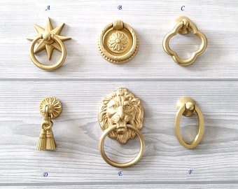 Contemporary Brushed Brass Decorative Drop Drawer Pull Gold Dresser Knob Pendant Cabinet Handle Tassel Lion Ring MCM Modern Kitchen Hardware
