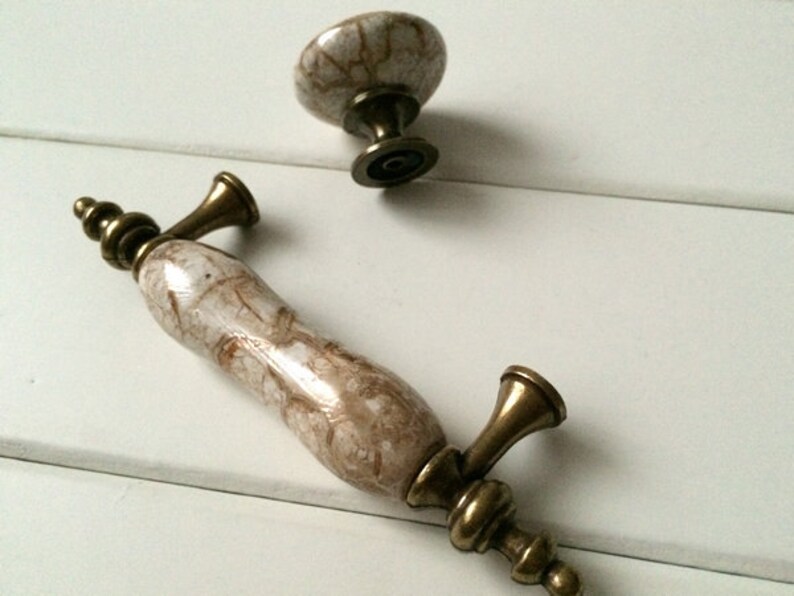 3 White Crackle Kitchen Pulls Handles Knob Etsy