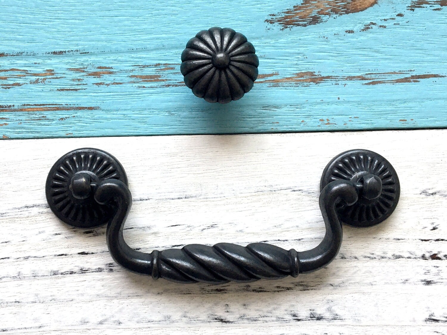 Vintage Bail Drawer Pulls - Antique Black Drop Handles 4.25 Inch Centers For Cabinets & Dressers