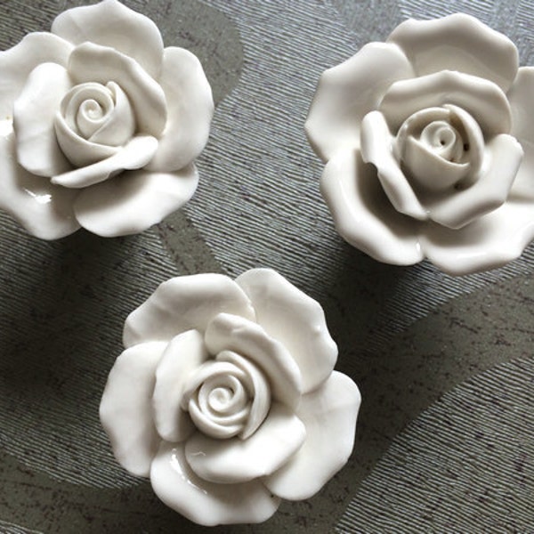 White Dresser Knobs Drawer Knobs Pull Handles / Kitchen Cabinet Door Knobs Ceramic Rustic French Country Colorful Rose Flower Knob Handmade