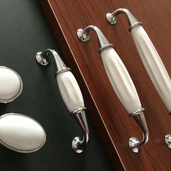 3,75 « 5 » 6,25 » 7,5 » Cabinet Pull Céramique Tiroir Tire Boutons Poignées Cabinet Bouton Cuisine Poignée Argent Blanc Chrome Porcelaine 96 128 160 192