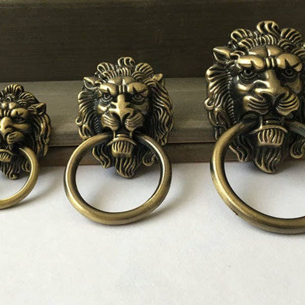 Lion Head Dresser Pull Knobs Drawer Knob Pulls Handles Drop Rings Antique Bronze / Kitchen Cabinet Pulls Handle Vintage Decorative Hardware