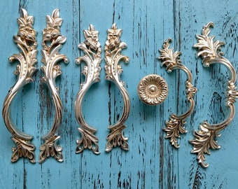 Antique Silver Cabinet Door Handle Pulls Drawer Pull Handles Dresser Pulls Kitchen Retro Leaf Leafy French Provincial Vertical ARoseRambling