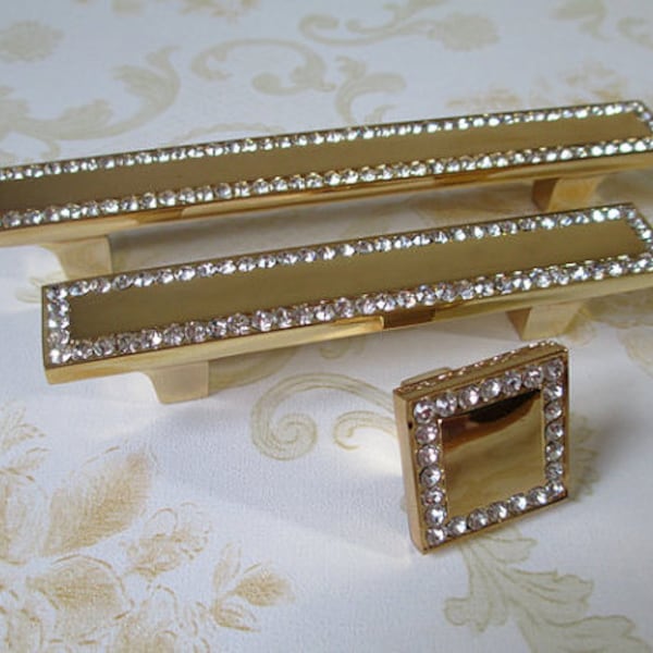 2.5" 3.75" Gold Glass Dresser Pulls Drawer Pull Handles Crystal Cabinet Handle Rhinestone Square Knobs Bling 2 1/2" ARoseRamblling 64 96 mm