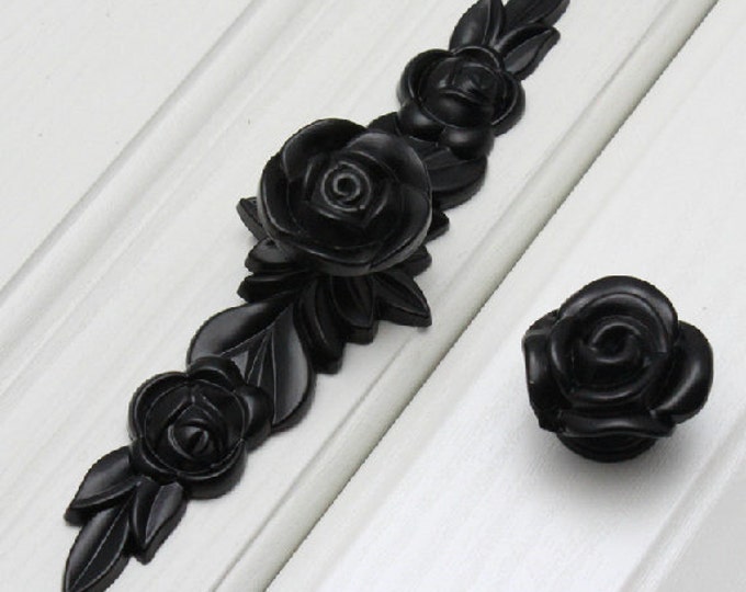 Black Rose Knobs Flower Dresser Knob Pulls Drawer Pull Handles Shabby Chic Kitchen Door