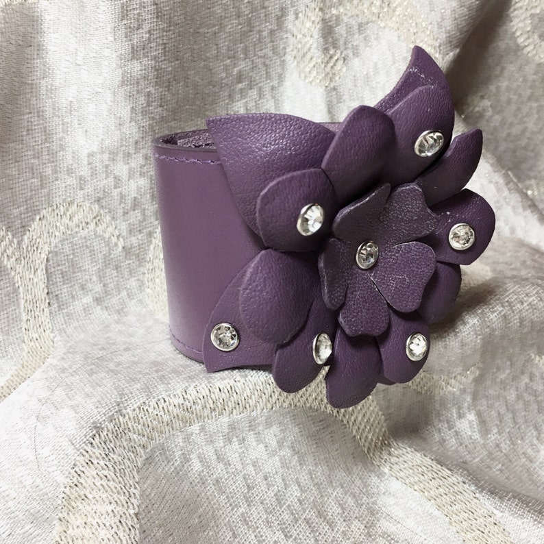 Rhinestone Studded Leather Flower Cuff Bracelet Purple Etsy