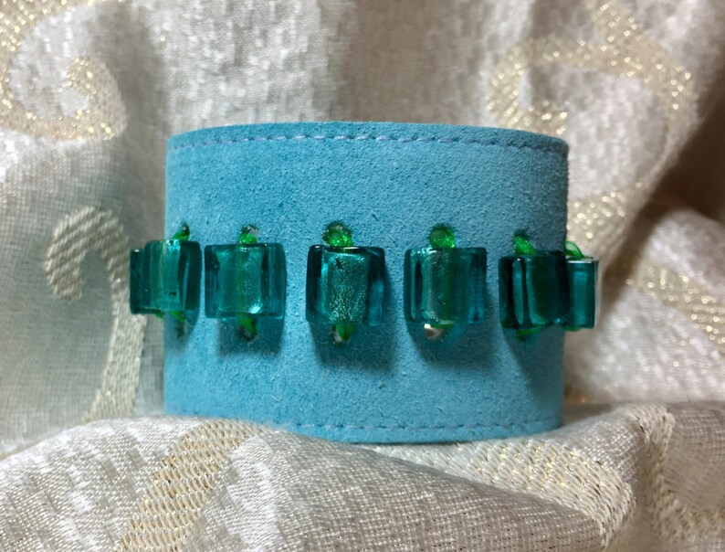 Turquoise Blue Leather Cuff Bracelet Thick Foiled Glass Bead Etsy