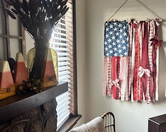 Handmade Rustic Fabric American Flag Wall Hanging