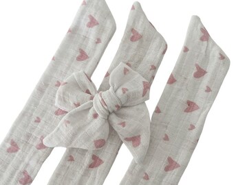 LIMITED Set of 3 - Bow Strips - 3-4" Bows -  Pink Hearts Double Gauze Bows  - Hand Tied Bow - Pre Tied Bow  - Tying Bow - Fabric Strips