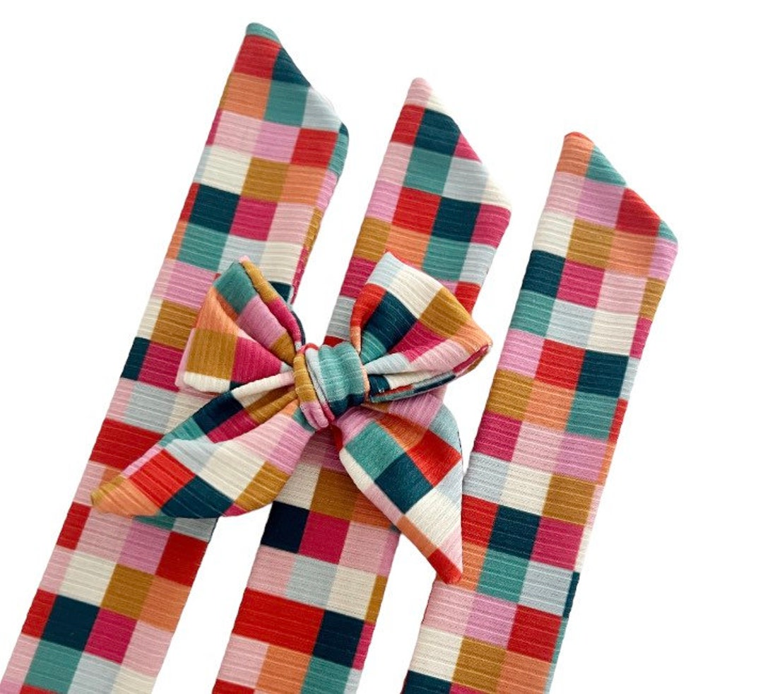 Set of 3 Bow Strips 34 Bows Bright Checkered DIY Bows Hand Tied Bow