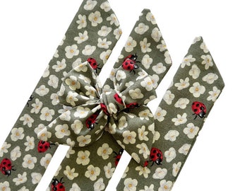 Set of 3 - Bow Strips - 3-4" Bow - Lady Bugs and Flowers Cotton Fabric - DIY Bows - Hand Tied - Pre Tied Bow  - Tying Bow - Cotton Fabric