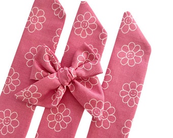 Set of 3 - Bow Strips - 3-4" Bow - Pink Happy Blooms  Cotton Fabric - DIY Bows - Hand Tied Bow - Pre Tied Bow  - Tying Bow - Cotton Fabric