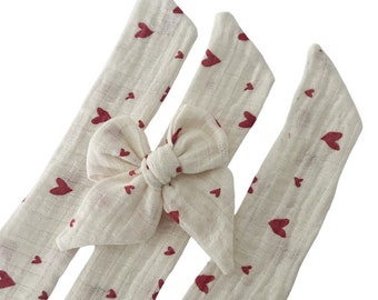 LIMITED Set of 3 - Bow Strips - 3-4" Bows -  Hot Pink Hearts Double Gauze Bows  - Hand Tied Bow - Pre Tied Bow  - Tying Bow - Fabric Strips