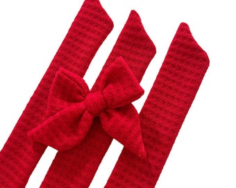 Set of 3 - Bow Strips - 3-4" Bows - Red Waffle Knit  - DIY Bows - Hand Tied Bow - Pre Tied Bow  - Tying Bow - Fabric Strips