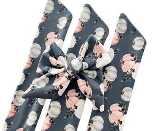 Set of 3 - Bow Strips - 3-4" Bows - Pink and Gray Pumpkins Poly - DIY Bows - Hand Tied Bow - Pre Tied Bow  - Tying Bow - Fabric Strips