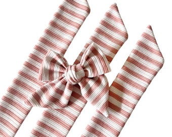 Set of 3 - Bow Strips - 3-4" Bows - Coral Summer Stripes  - DIY Bows - Hand Tied Bow - Pre Tied Bow  - Tying Bow - Ribbed Knit Fabric Strips