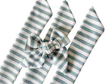 Set of 3 - Bow Strips - 3-4" Bows - Teal Summer Stripes  - DIY Bows - Hand Tied Bow - Pre Tied Bow  - Tying Bow - Ribbed Knit Fabric Strips