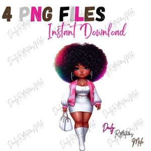 Könnte beinhalten: Digitale Illustration einer schwarzen Frau mit einem bunten Afro, die eine rosa Jacke, einen weißen Rock und weiße Stiefel trägt. Sie hält eine weiße Handtasche. Der Text "4 PNG FILES Instant Download" befindet sich oben im Bild.