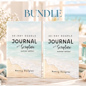 May include: A bundle of two identical books titled 30-Day Doodle Journal with Scripture Summer Edition by Nancy Douglas. The covers feature a light blue and beige illustration of a sandy beach meeting the ocean waves under a clear sky.