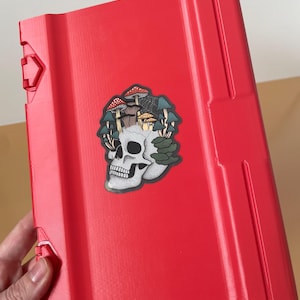 Red Hardcover Notebook Refillable Paper | Pen/Pencil Compartment featuring Skull and Mushroom Sticker