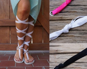 White Lace Up Gladiator Sandals with 3 pairs of interchangeable laces-Women's Sandals-Boho-Vegan Sandals