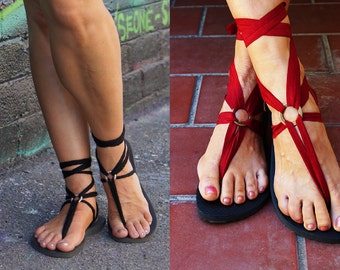 Lace Up Gladiator Sandals with TWO pairs of Interchangeable Laces. Crimson Red and Black.