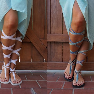Flat Lace Up Gladitator Sandals with TWO pair of Interchangeable Laces. One pair white and one Blue Ombre. Perfect Wedding Sandal.