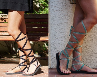 Schnürsenkel Gladiator Sandalen mit ZWEI Paar austauschbare Schnürsenkel. Jade Grün und Schwarz