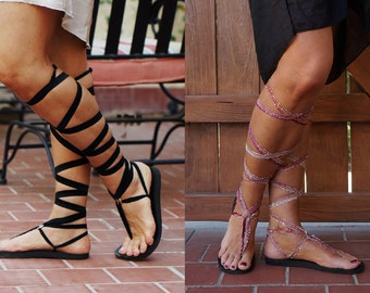 Interchangeable  Lace Up Gladiator Sandals with TWO pair of laces. Sexy, boho, chic vegan sandals with eco friendly, recyclable soles.