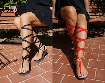 Lace Up Sandals with TWO pairs of Interchangeable Laces. Red and Black.