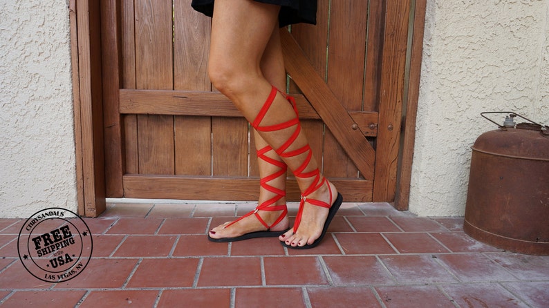 May include: Red leather sandals with straps that wrap up the legs. The sandals have a simple black sole.