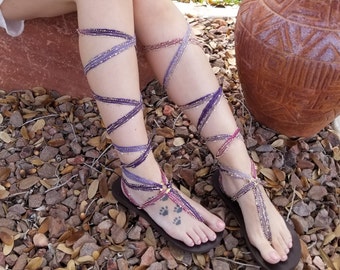 Gladiator Sandals with Interchangeable Purple Laces. Knee High Lace Up Sandals. Women's Sandals
