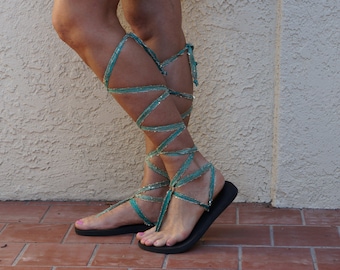 Green and Gold Knee High Lace Up Gladiator Sandals- Women's Sandals with Interchangeable Laces