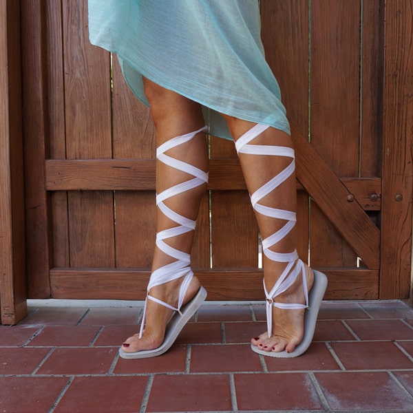 White Lace Up Wedding Sandals