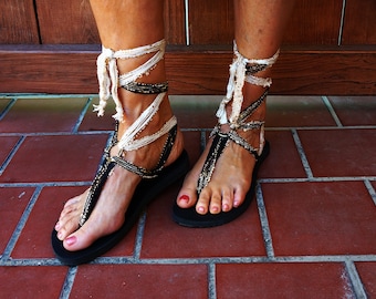 Masquerade Ankle High Lace Up Gladiator Sandals. Black, gold and cream laces. Vegan sandals. Recyclable