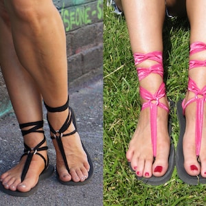 Flat Lace Up Gladiator Sandals with TWO pair of Interchangeable Laces. Hot Pink and Black.
