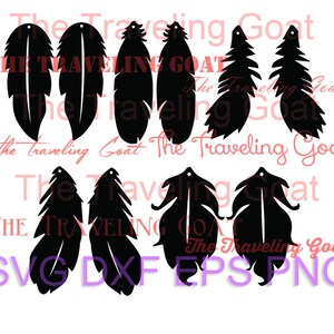 May include: A digital download of six black and white feather and tree silhouette designs. The designs are for crafting and are labeled "The Traveling Goat" and "SVG DXF EPS PNG".