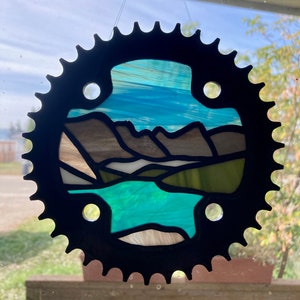 Moraine Lake Stained Glass in Recycled Bike Chain Ring