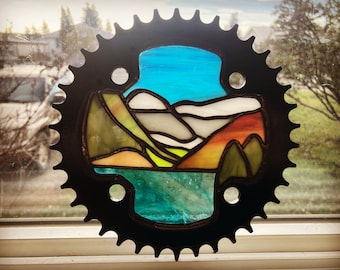 Lake Louise, Banff National Park, Alberta, Canada, Stained Glass in Recycled Bike Chain Ring