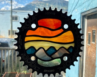 Firey Sunset in the Mountains Stained Glass in Recycled Bike Chain Ring