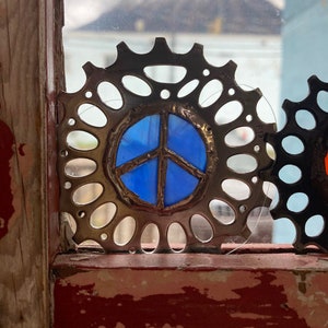 Small Bike Chain Ring with Stained Glass Peace Design. image 1