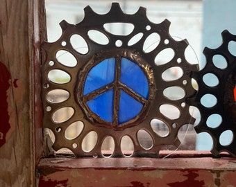 Small Bike Chain Ring with Stained Glass Peace Design.